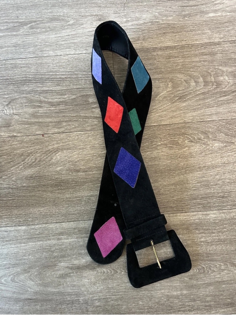 VTG 80s Black Suede Belt Colorful Geometric Patchwork Statement Belt M Festival